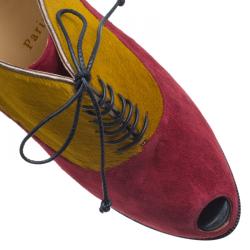 Pre Owned Christian Louboutin Yellow Pony Hair and Red Suede Miss Poppins Lace Up Peep Toe Platform Booties Size 41