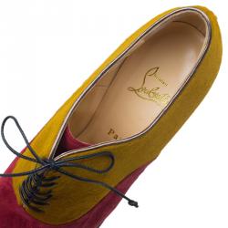 Pre Owned Christian Louboutin Yellow Pony Hair and Red Suede Miss Poppins Lace Up Peep Toe Platform Booties Size 41