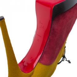 Pre Owned Christian Louboutin Yellow Pony Hair and Red Suede Miss Poppins Lace Up Peep Toe Platform Booties Size 41