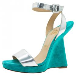 Pre Owned Christian Louboutin Djaldos Spechio Colorblock Ankle Strap Wedges Size 40