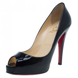 Pre Owned Christian Louboutin Black Patent Very Prive Platform Peep Toe Pumps Size 35.5