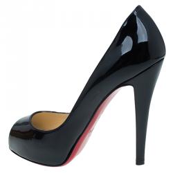 Pre Owned Christian Louboutin Black Patent Very Prive Platform Peep Toe Pumps Size 35.5