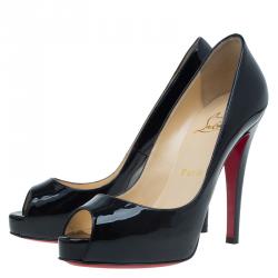 Pre Owned Christian Louboutin Black Patent Very Prive Platform Peep Toe Pumps Size 35.5