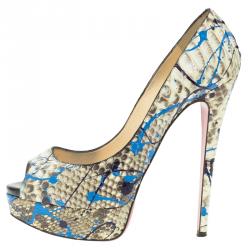 Pre Owned حذاء كعب عالي كريستيان لوبوتان ليدي غرافيتي جلد ثعبان رصاصي مقدمة مفتوحة نعل سميك مقاس 38.5