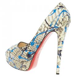 Pre Owned حذاء كعب عالي كريستيان لوبوتان ليدي غرافيتي جلد ثعبان رصاصي مقدمة مفتوحة نعل سميك مقاس 38.5