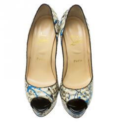 Pre Owned حذاء كعب عالي كريستيان لوبوتان ليدي غرافيتي جلد ثعبان رصاصي مقدمة مفتوحة نعل سميك مقاس 38.5