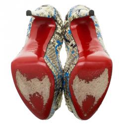 Pre Owned حذاء كعب عالي كريستيان لوبوتان ليدي غرافيتي جلد ثعبان رصاصي مقدمة مفتوحة نعل سميك مقاس 38.5