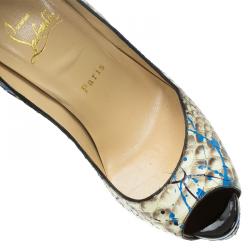 Pre Owned حذاء كعب عالي كريستيان لوبوتان ليدي غرافيتي جلد ثعبان رصاصي مقدمة مفتوحة نعل سميك مقاس 38.5