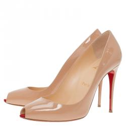 Pre Owned Christian Louboutin Beige Patent Tibur Peep Toe Pumps Size 37