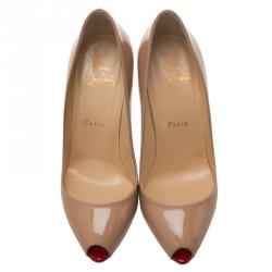 Pre Owned Christian Louboutin Beige Patent Tibur Peep Toe Pumps Size 37