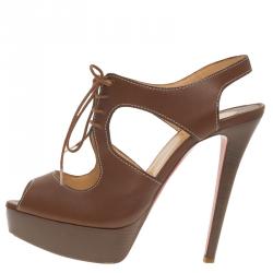 Pre Owned Christian Louboutin Brown Leather Serena Lace Up Peep Toe Platform Sandals Size 37.5