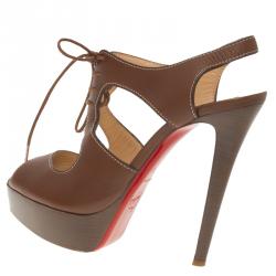 Pre Owned Christian Louboutin Brown Leather Serena Lace Up Peep Toe Platform Sandals Size 37.5