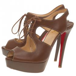 Pre Owned Christian Louboutin Brown Leather Serena Lace Up Peep Toe Platform Sandals Size 37.5