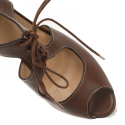 Pre Owned Christian Louboutin Brown Leather Serena Lace Up Peep Toe Platform Sandals Size 37.5