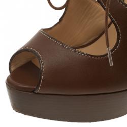 Pre Owned Christian Louboutin Brown Leather Serena Lace Up Peep Toe Platform Sandals Size 37.5