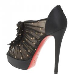 Pre Owned Christian Louboutin Black Satin Ruffled Peep Toe Ankle Boots Size 37
