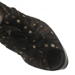 Pre Owned Christian Louboutin Black Satin Ruffled Peep Toe Ankle Boots Size 37