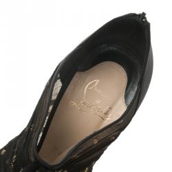 Pre Owned Christian Louboutin Black Satin Ruffled Peep Toe Ankle Boots Size 37