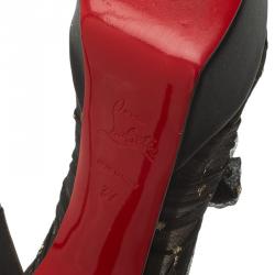 Pre Owned Christian Louboutin Black Satin Ruffled Peep Toe Ankle Boots Size 37