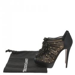 Pre Owned Christian Louboutin Black Satin Ruffled Peep Toe Ankle Boots Size 37