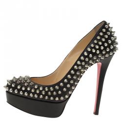 Pre Owned Christian Louboutin Black Leather Bianca Spike Platform Pumps Size 35.5