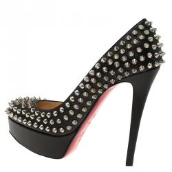 Pre Owned Christian Louboutin Black Leather Bianca Spike Platform Pumps Size 35.5