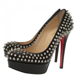 Pre Owned Christian Louboutin Black Leather Bianca Spike Platform Pumps Size 35.5