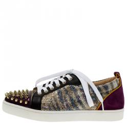 Pre Owned Christian Louboutin Purple Metallic Leather Spiked Louis Junior Sneakers Size 39