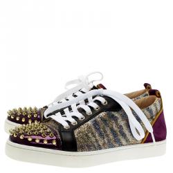 Pre Owned Christian Louboutin Purple Metallic Leather Spiked Louis Junior Sneakers Size 39