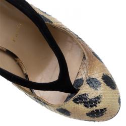 Pre Owned صندل كريستال لوبوتان بفتحة كعب ونعل سميك سترينغيتا سويدي أسود وجلد ثعبان بيج مقاس 38