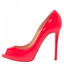 Pre Owned Christian Louboutin Neon Pink Patent Flo Peep Toe Pumps Size 40.5
