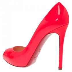 Pre Owned Christian Louboutin Neon Pink Patent Flo Peep Toe Pumps Size 40.5