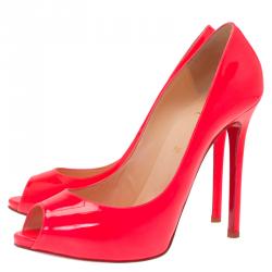 Pre Owned Christian Louboutin Neon Pink Patent Flo Peep Toe Pumps Size 40.5