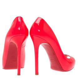 Pre Owned Christian Louboutin Neon Pink Patent Flo Peep Toe Pumps Size 40.5