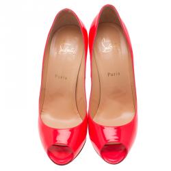 Pre Owned Christian Louboutin Neon Pink Patent Flo Peep Toe Pumps Size 40.5