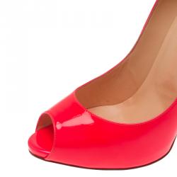 Pre Owned Christian Louboutin Neon Pink Patent Flo Peep Toe Pumps Size 40.5