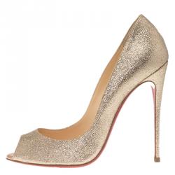 Pre Owned Christian Louboutin Gold Glitter Flo Peep Toe Pumps Size 38