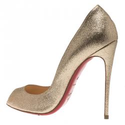 Pre Owned Christian Louboutin Gold Glitter Flo Peep Toe Pumps Size 38
