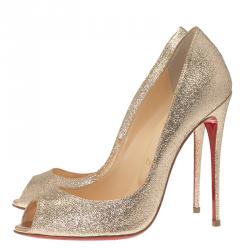 Pre Owned Christian Louboutin Gold Glitter Flo Peep Toe Pumps Size 38