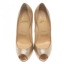 Pre Owned Christian Louboutin Gold Glitter Flo Peep Toe Pumps Size 38
