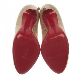 Pre Owned Christian Louboutin Gold Glitter Flo Peep Toe Pumps Size 38