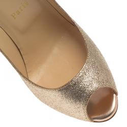 Pre Owned Christian Louboutin Gold Glitter Flo Peep Toe Pumps Size 38