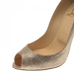 Pre Owned Christian Louboutin Gold Glitter Flo Peep Toe Pumps Size 38