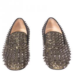 Pre Owned Christian Louboutin Gold Glitter Rolling Spikes Smoking Slippers Size 37