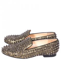 Pre Owned Christian Louboutin Gold Glitter Rolling Spikes Smoking Slippers Size 37