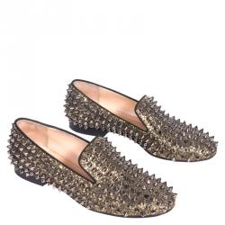 Pre Owned Christian Louboutin Gold Glitter Rolling Spikes Smoking Slippers Size 37