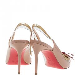 Pre Owned Christian Louboutin Beige and Gold Patent Suspenodo Slingback Sandals Size 37