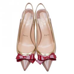 Pre Owned Christian Louboutin Beige and Gold Patent Suspenodo Slingback Sandals Size 37