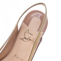 Pre Owned Christian Louboutin Beige and Gold Patent Suspenodo Slingback Sandals Size 37