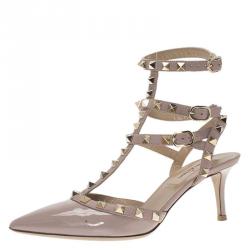 Pre Owned Valentino Beige Patent Rockstud Ankle Strap Sandals Size 36.5